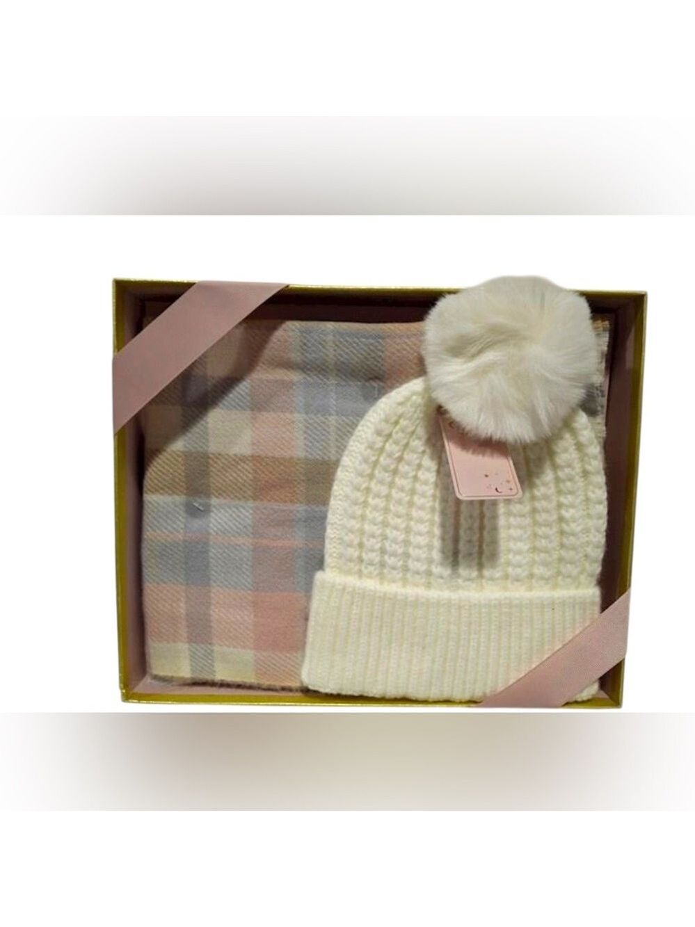 Vince Camuto Boxed Beanie and Plaid Scarf set with a faux fur pom Gift Set
